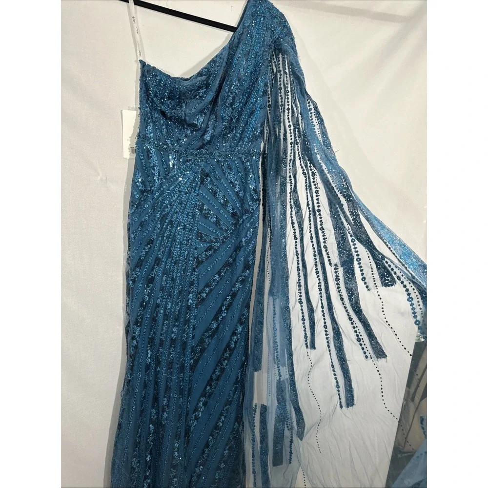 NWT Mac Duggal [ 4 ] 20528 One Shoulder‎ Cape Sleeve Embellished Gown Blue J1911 - Picture 12 of 15